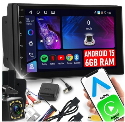 RADIO SAMOCHODOWE 2 DIN 6GB RAM ANDROID 15 RDS DSP 7" ANDROID AUTO CARPLAY