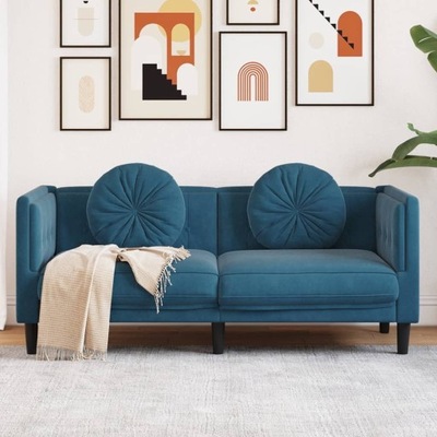 Sofa 2-osobowa z poduszkami, niebieska, aksamit
