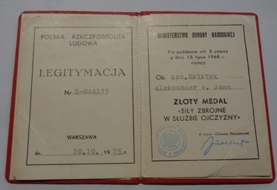 LEGITYMACJA ZŁOTEGO MEDALU SIŁY ZBROJNE W SŁUŻBIE OJCZYZNY