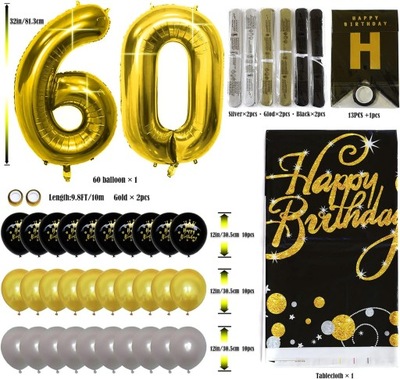Dekoracje na 60. urodziny zestaw czarno złoty