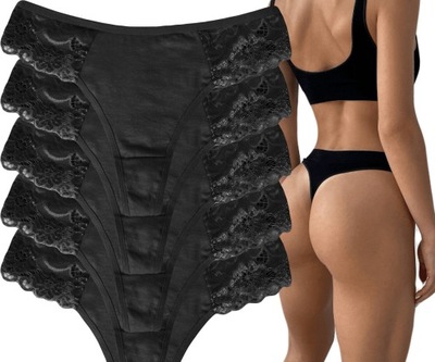 5-PAK Női tanga bugyi PAMUT Szexi csipkés FEKETE