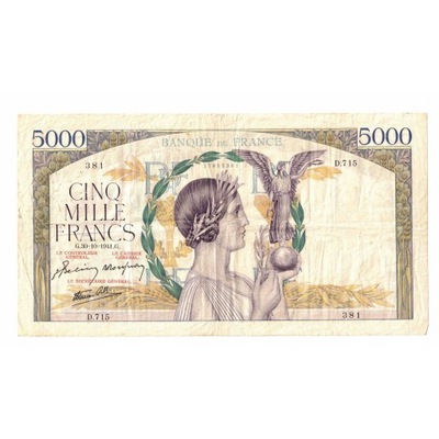 Francja, 5000 Francs, Victoire, 1941, D.715, AU(50