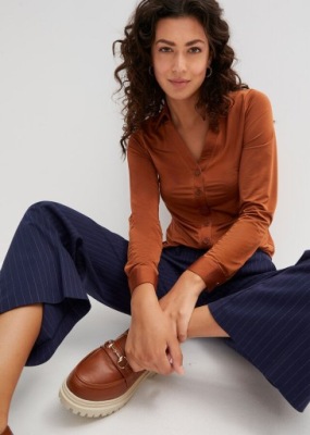 2F5D13 BONPRIX BLUZKA KOSZULOWA SHIRTOWA BRĄZOWA LEJĄCY MATERIAŁ 44/46