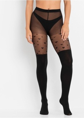 2G4E01 BONPRIX RAJSTOPY CZARNE 60 DEN Z SERDUSZKAMI 48