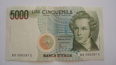 Banknot Włochy 5000 lirów 1985 stan 3