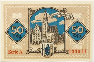 Notgeld Olsztyn Allenstein Warmia Mazury 50 pfennig fenigów 1921 Kościół