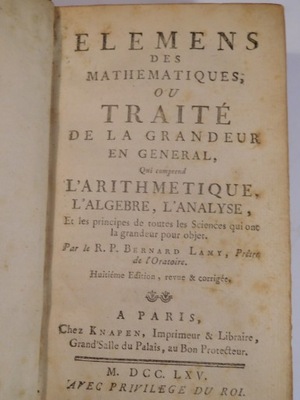 !BERNARD LAMY! MATEMATYKA DLA SZKÓŁ WOJSKOWYCH! PARYŻ 1765!