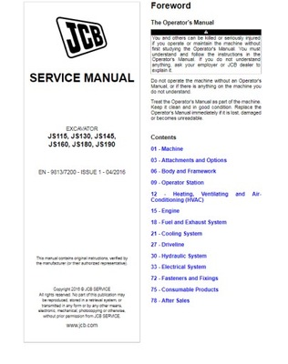 JCB SERVICE MANUAL EXCAVATOR JS115, JS130, JS145,JS160, JS180, JS190