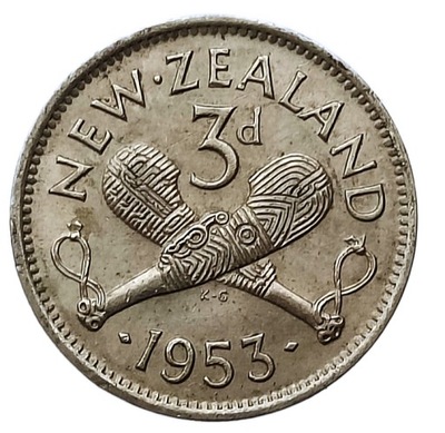 NOWA ZELANDIA 3 PENCE 1953 BROŃ - PATU MACZUGA ELIZABETH II