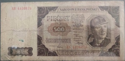 Banknot 500 zł. 1948 seria AY stan średnio-słaby
