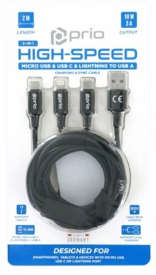 Kabel 3w1 Micro USB C Lightning / USB 3A 2m czarny
