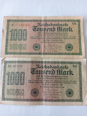 2 banknoty 1000 mark 1922r. Seria R i Eb