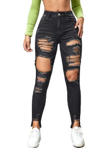 SHEIN SPODNIE JEANSOWE CZARNE Z DZIURAMI 36 1V6F