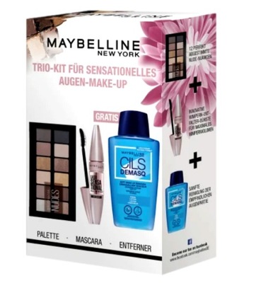 Maybelline zestaw paleta cieni, tusz, płyn do dema