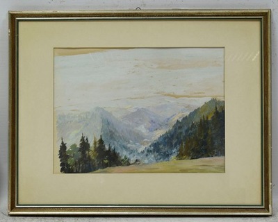 Ok. 1950 Stary obraz pejzaż górski gwasz 64x49 cm