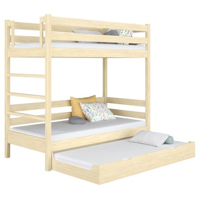 Łóżko piętrowe z szufladą na materac 3 osobowe drewniane N03 80x200