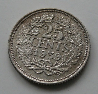 Holandia - 25 cents centów - 1939 WILHELMINA - Ag