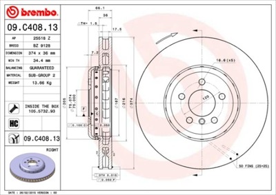 ДИСКИ ТОРМОЗНЫЕ ТОРМОЗНЫЕ ПЕРЕД BREMBO 09.C408.13 09C40813