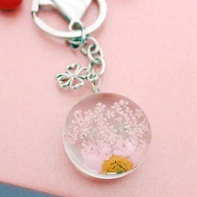 floral keychain Women Real Dried Flower Oval Resin Keychain Sweet Rose 