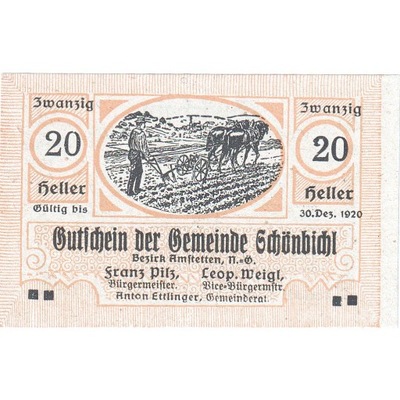 Austria, Schonbichl, 20 Heller, champs, 1920, 1920