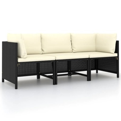 Sofa ogrodowa 3-osobowa Rattan PE, czarna, z poduszkami