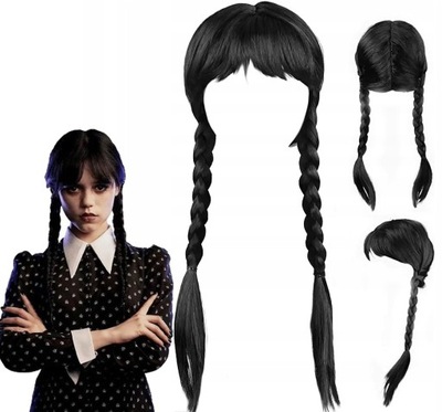 WEDNESDAY ADDAMS PERUKA CZARNE WŁOSY WARKOCZE 60 CM