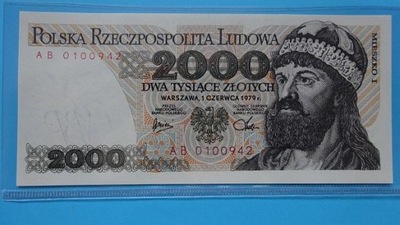 2000 zł 1979 serii AB,nr 0100942,stan UNC