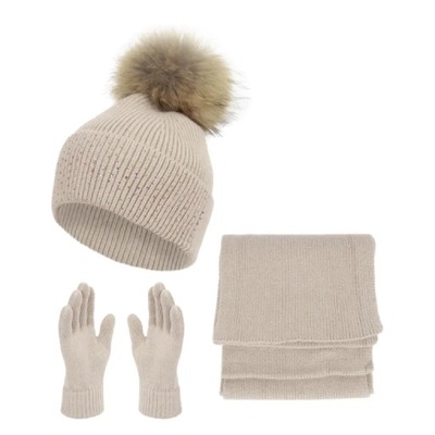 W454C Damski zimowy komplet beżowy czapka szalik rękawiczki