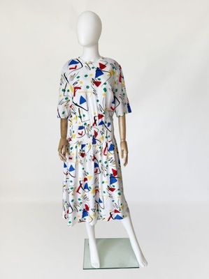 Długa sukienka vintage w kolorowe wzory retro prl