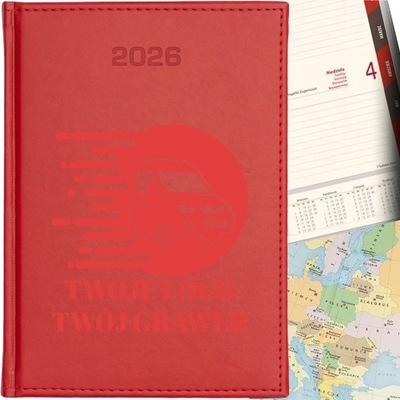 KALENDARZ DZIENNY A4 TERMINARZ 2026 KSIĄŻKOWY Z GRAWEREM LOGO CZERWONY