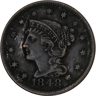 USA, Braided Hair Cent, 1848, Philadelphia, Miedź,