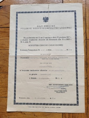 LWP Wojska Pancerne Patent Oficerski Awans Podpis Generała 1960