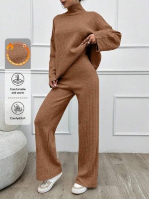 SHEIN BRĄZOWY DZIANINOWY KOMPLET (M)