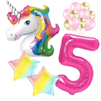 Balony cyfra 5 pięć RÓŻOWE JEDNOROŻEC tęcza zestaw