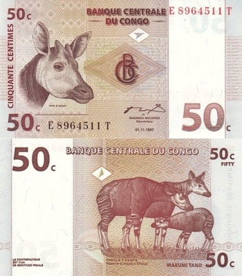 # KONGO - 50 CENTIMES - 1997 - P-84A - UNC Okapi