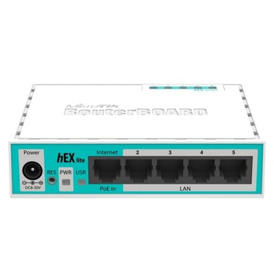 Mikrotik hEX lite router zapojený do sítě Bílá