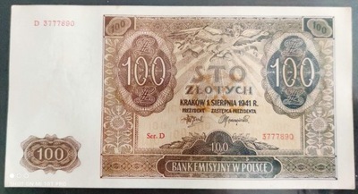 100 zł. 1941 seria D stan I Generalna Gubernia