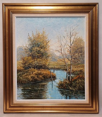 ERIK YTTING (1921 – … ) - „ PEJZAŻ Z RZECZKĄ ”, piękny obraz olejny.