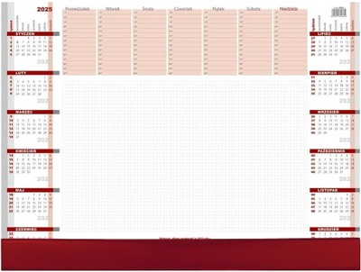 Biuwar na biurko podkładka z listwą bordo kalendarz 2025 z planerem