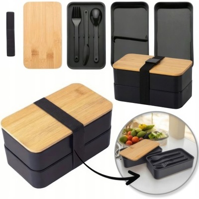 LUNCHBOX ŚNIADANIÓWKA ZE SZTUĆCAMI PRZEGRÓDKI POJEMNIK PUDEŁKO BAMBUS