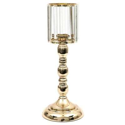 ŚWIECZNIK METALOWY ZŁOTY 36cm Z OZDOBNYM KLOSZEM NA 1 ŚWIECĘ GLAMOUR 35 40