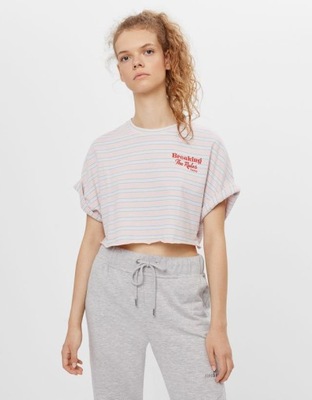 BERSHKA KRÓTKI T-SHIRT PASKI Z NAPISEM 73150599 RS