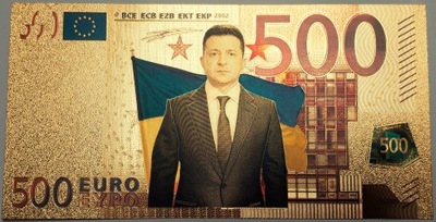 Ukraina ,500 Euro,Wołodymyr Zełenski ,Banknot pozłacany 24 karatowym złotem