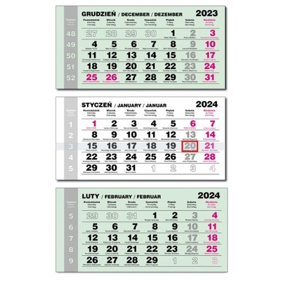 Kalendaria 2024 trójdzielne komplet z okienkiem 310x152mm ZIELONE