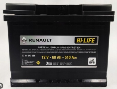 Аккумулятор 7711947966 оригинал renault dacia l2/60ah/510a efb фото №1