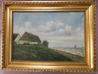 Obraz olejny na płótnie pejzaż domy morze 1920r