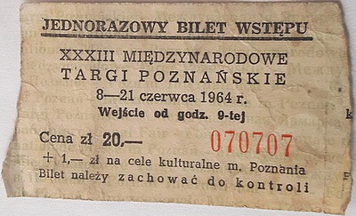 BILET WSTĘPU NA XXXIII MIĘDZ TARGI POZNAŃSKIE 1964