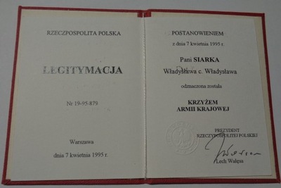 LEGITYMACJA KRZYŻA ARMII KRAJOWEJ