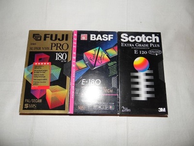 Kasety VHS S-VHS Fuji Super VHS Pro SE-180 BASF E-180 Scotch E 120 Chrome