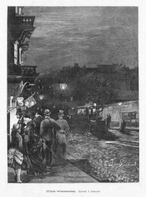 Józef Ejsmond: Warszawa. Ulica wieczorem, drzeworyt 1883